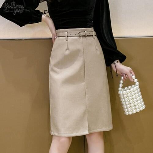 2021 New Elegant Midi Skirts Autumn Winter PU Leather Skirt High Waist Front Split Sheath Wrap Skirts with Belt Female 17102