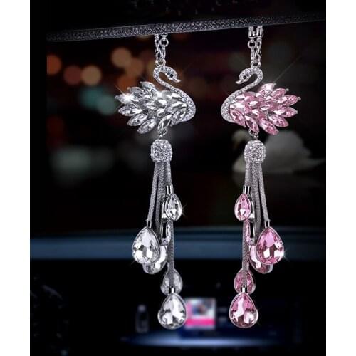 Car Rear View Mirror Charm Crystal Swan Hanging Ornament Rhinestone Interior Decor Crystal Swan Lucky Charm Pendant Girls Women
