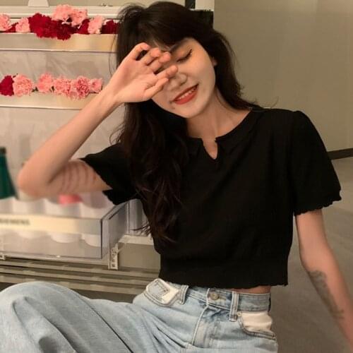 Women T-shirt Summer Knitted Short Sleeve Crop Tops Solid Color Sexy Lady Slim Casual Tee Tops