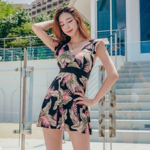 2020 One-Piece Skirt Style Sexy Fairy Fan Cover Belly Korean Style Hot Spring Swimming Dress High Waist Deep V Design Open