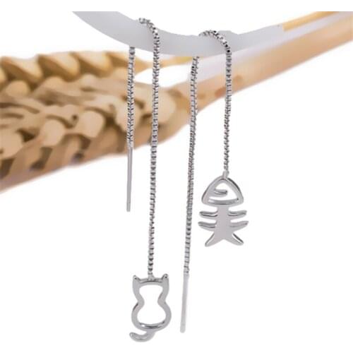 2020 New Arrival Cute Romantic Cat Fish Long Tassel Earrings For Women 925 Sterling SIlver Animal Simple Drop Earrings brincos