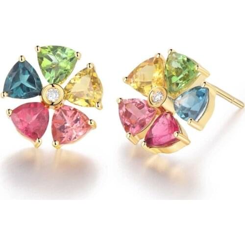 Natural Tourmaline Five Color Gemstone Earrings For Women Rose Gold Petal Design inlaid AAA Zircon Stud Earring Fine Jewelry