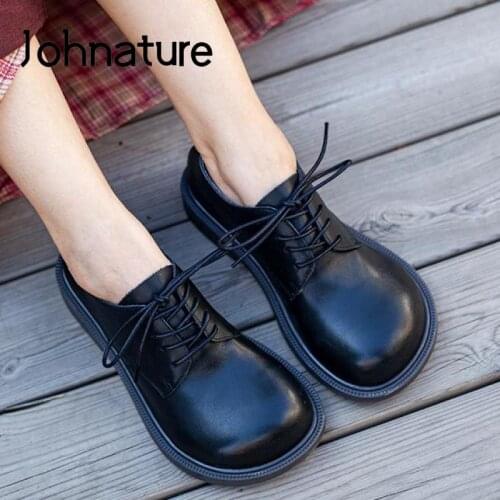 Johnature Pumps Women Shoes 2021 New Lace-Up Retro Genuine Leather Round Toe Casual Handmade Shallow Concise Soft Ladies Shoes