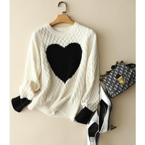 100% cashmere cable knitted sweaters winter new styles heart pattern intarsia pullover knitted long sleeve women thick jumper