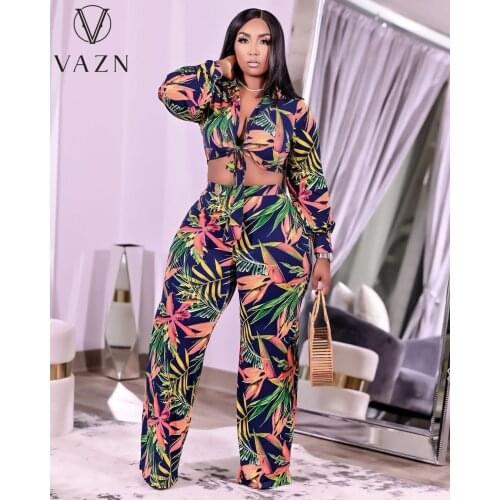 VAZN 2021 fashion hot sale spring women casual holiday style long sleeve lapel short top long pants printed two piece sets