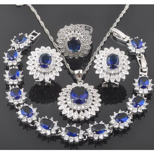 New 2019 Fashion Blue Zirconia Silver Color Women Jewelry Sets Bracelet Necklace Pendant Earrings Ring QS0448