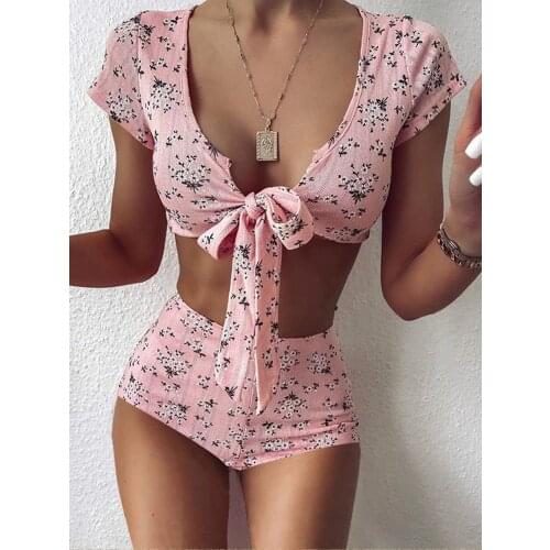 Womens 2Pcs Bathing Suit Short Sleeve Floral Print Tie Knot Front Crop Tops + Bikini Shorts Set Swimsuit