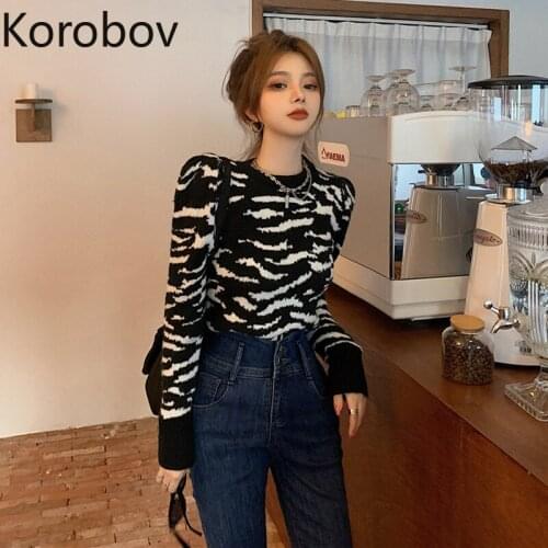 Korobov Korean Vintage Hit Color Women Sweaters 2020 New Chic O Neck Long Sleeve Sueter Mujer Autumn Winter Zebra Pullovers