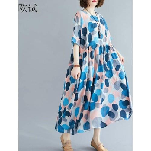 Plus Size Blue Polka Dot Beach Summer Dress Women 2020 Robe Femme Cotton Vintage Ladies Dresses Casual Long Oversized Dress 2020