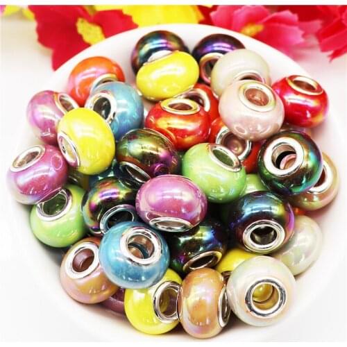 10 Pcs Set Mixed Color Smooth Surface DIY Big Hole Beads Silver Plated Core Fits Original Pandora Charm Bracelet Female Jewelry