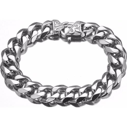 15mm Wide Curb Cuban Link Chain Bracelet For Mens Trendy Stainless Steel Bangle Jewelry Silver Color Black Color 7-11"