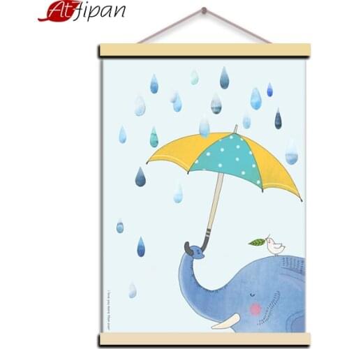 Atfipan Wooden Framed Lovely Animals On Rainy Day Nordic Canvas Painting Cartoon Wall Art Print Posters Kids Room Decor Pictures