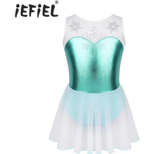 IEFiEL Kids Girls Ballerina Dancewear Costume Shiny Rhinestone Snowflake Metallic Bodice Ballet Dance Gymnastics Leotard Dress