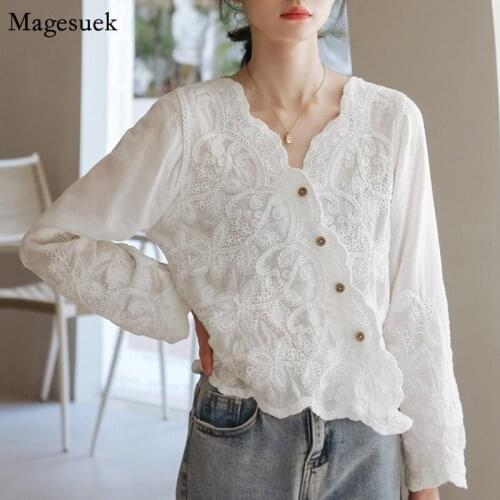 Floral Embroidery Cotton Blouse Women 2021 V Neck Button Up Shirt Women Solid Long Sleeve Casual Blouses Female Clothing 13332
