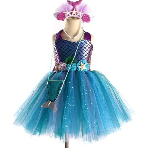 Mermaid Cosplay Kids Dresses with Bags Halloween Party Costumes for Girls Toddler Party Tutu Dress Kids Girl Birthday Clothes