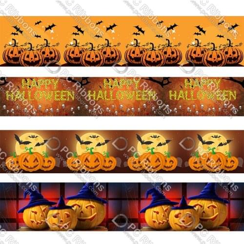 Halloween pumpkin printed grosgrain foe elastic ribbon Halloween wedding decoration DIY bows materails ribbons 50 yards