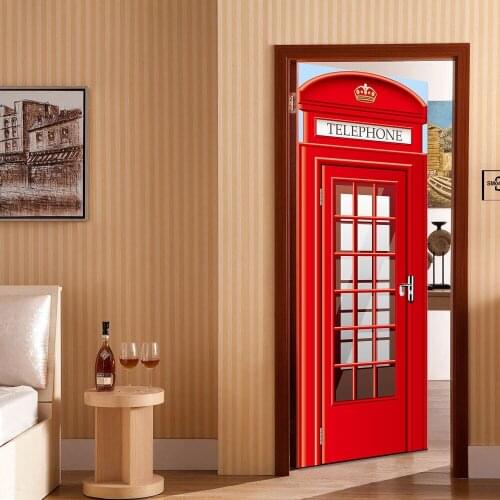 Creative DIY 3D Door Stickers Red Telephone Booth Pattern for Kids Room Decoration Accessories Home Decor Large Wall Stickers