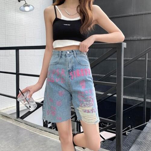 Summer Korean style ripped raw edge jeans female letter print wide leg pants plus size high waist five-point shorts