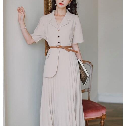 Summer Sweet Chic Office Lady Pleated Dresses for Women Fashion Irregular Suit Design Woman Dress Elegant Vestidos with Sashes