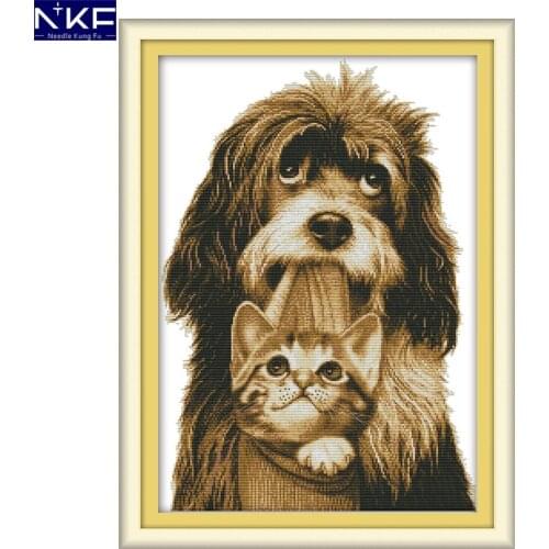 NKF The Dog Gently Bites The Kitten Cross Stitch Set Handmade Needlework Cross-Stitch Embroidery Kit Cross Stitch for Home Decor