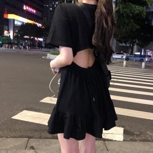 Dress Women Summer Hem Ruffles Ulzzang Hollow Out Sexy Dresses Kawaii Preppy Style Girls Mini Simple Fashion Tunic Short Sleeve