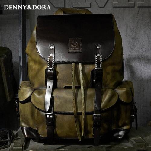 Luxury Mens Cow Leather Backpack Leather Bag Simple Military Style Travel Bag Large Capacity Retro