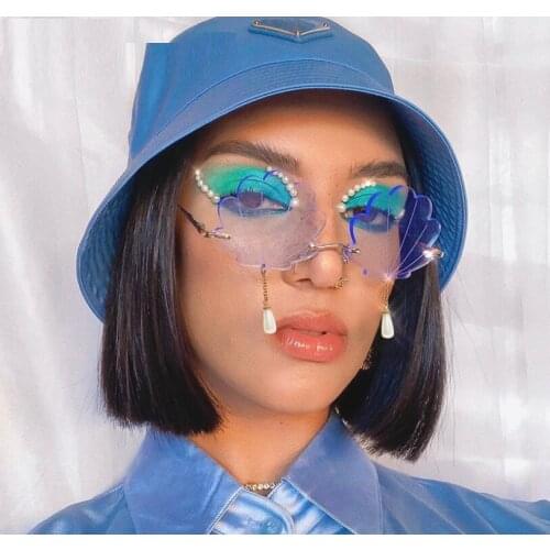 Unique Shell Shape Sunglasses Pearl Pendant Women Candy Colors Beach Glasses Oversized Rimless Sunglasses Female Oculos UV400