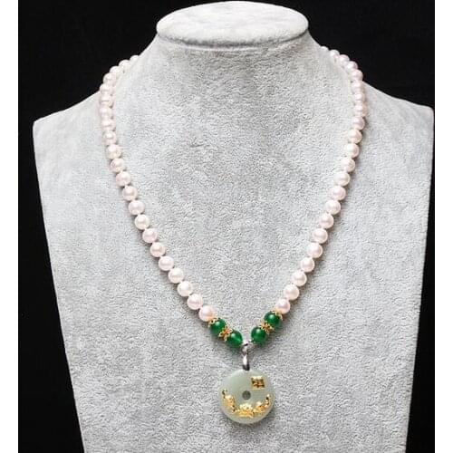 Jewellery 7-8mm White Freshwater pearl Fogonghotan jade full Gold Pendant, pearl size 7-8mmjade necklace s925 silver