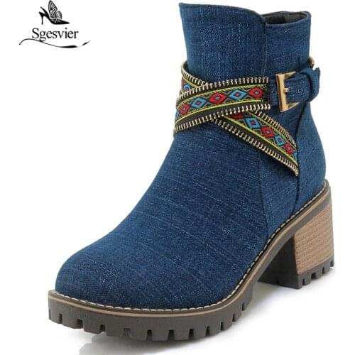 Sgesvier Autumn Womens Fashion Denim Side Zipper Ankle Boots Square High Heel Round Toe Shoes Black Blue Short Boots OX928