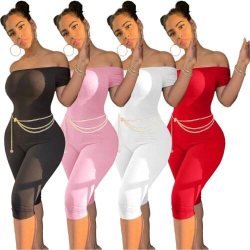Off Shoulder Women Solid Rompers With Belt Summer Bodysuits