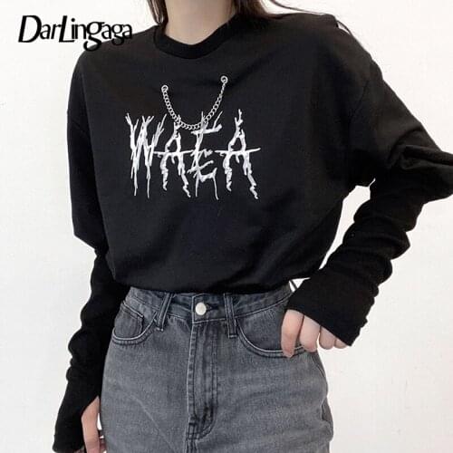 Darlingaga Mall Goth Punk Style Chain Black Sweatshirt Women Harajuku Cropped Tops Pullovers Letter Print Gothic Clothes Jumpers