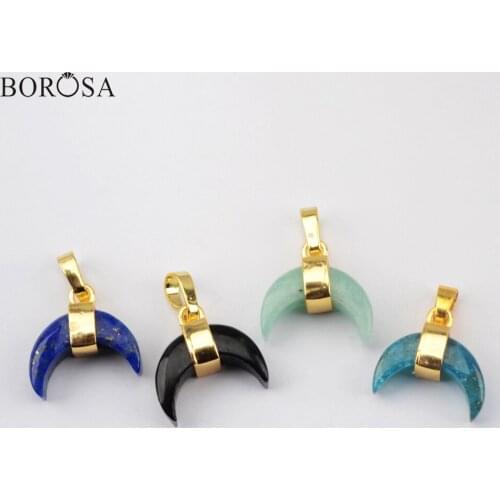 BOROSA Fashion Crescent Moon Natural Lapis Amazonite Necklace Pendant Ntural Stone Horn Charms for Women Earrings Jewelry WX1531