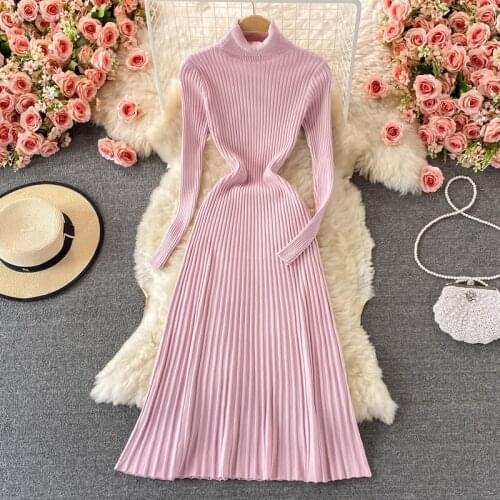 Autumn Winter All-matching Bottom Dress Solid Color Turtle Neck Long-sleeved Pleated Elegant Women Knitted Dress