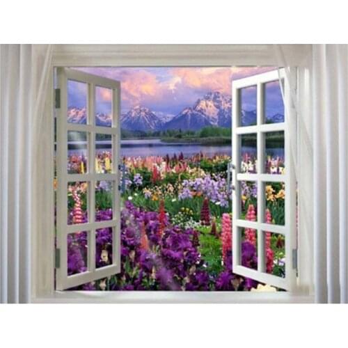 5D DIY Full Square Drill Diamond Painting Scenery Flower Window Outside 3d Mosaic Diamant Embroidery Wedding Room Decoration
