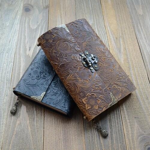 Cow Leather Notebook Retro Carved With Lock Notepad Personal Diary Travel Book Office School Creative Student Teacher Gift