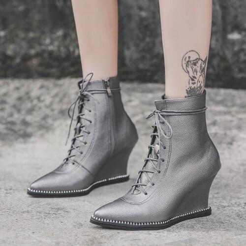 European style Chelsea boots 2020 lace-up wedge pointed spring womens shoes 2 new ladies short boots popular street nude boots