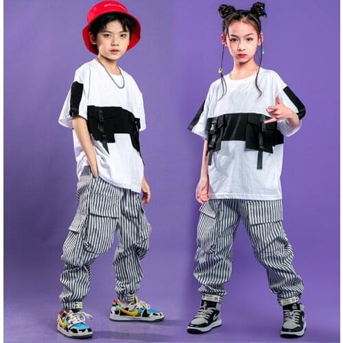 Kid Hip Hop Clothing Strap White Oversized T Shirt Top Stripe Streetwear Tactical Cargo Pants for Girl Boy Dance Costume Clothes