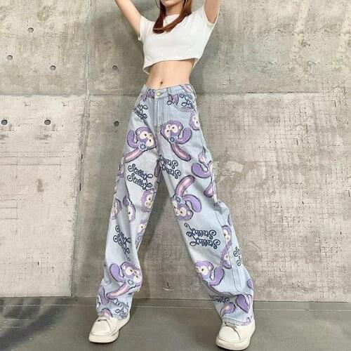 High Waist Korean Women Jeans Retro Cartoon Printed Zipper Trousers Female Mom Pants Harajuku Y2K Hippie Palazzo Straight Pants