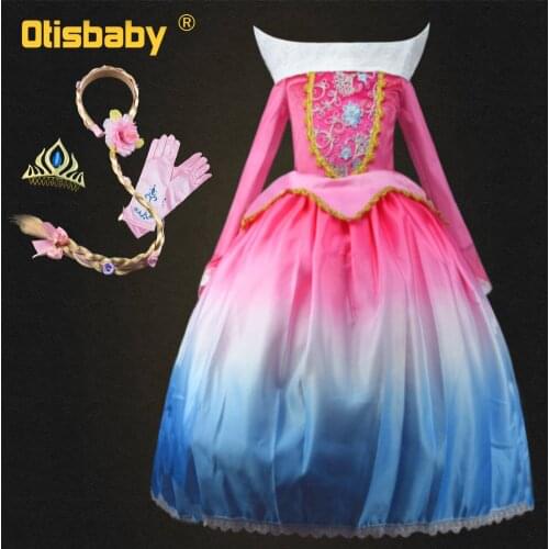 Halloween Sleeping Beauty Costumes for Girls Princess Aurora Dress Up Kids Floral Holiday Aurora Dress Fantasia Wig Children