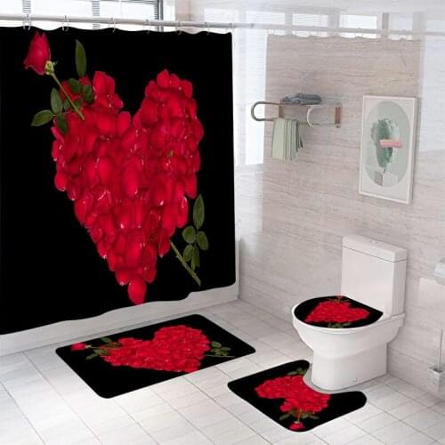 Rose Flower Shower Curtain Sets with Non-Slip Rugs Bath Mat Toilet Lid Cover and 12 Hooks Waterproof Polyester Bathroom Decor