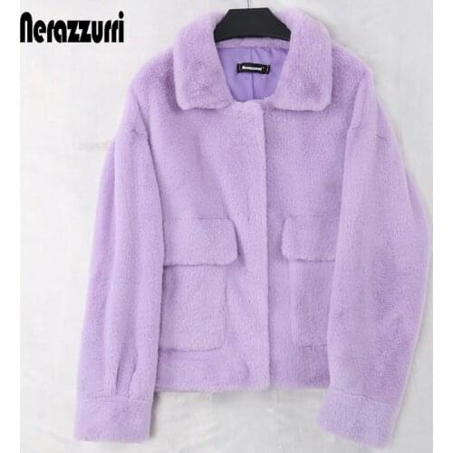 Nerazzurri Purple Blue Short Light Soft Faux Fur Coat Women Long Sleeve Pockets Womens Fall Fashion 2021 Plus Size Furry Jacket