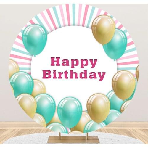 Laeacco Pink Stripe Backdrop For Photography Balloon Happy Birthday Party Customize Poster Pattern Round Circle Photo Background
