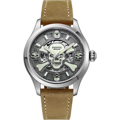Parnis SKULL Seriers Mens PUNK Style Leather Watchband Fashion Automatic Self Wind Mechanical Watch Wrist Watches