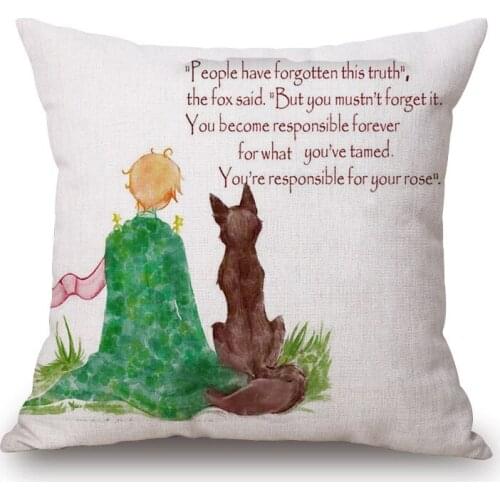 The Little Prince Rose And Fox Cushion Cover 45X45cm Hand Painting Love Art Decorative Beige Linen Pillow Case