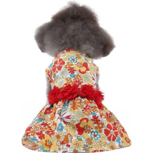 Dog Dress Flower Printing Round Neck Polyester Cotton Adorable Pet Princess Skirt for Summer