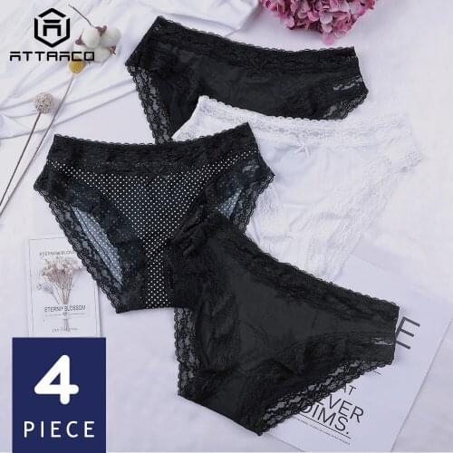 Attraco Original Women Tanga Thong Hipster Pantie Underwear 4 Pcs Soft Stretch Cueca Calcinha Lace Edge Cotton Crotch Breathable