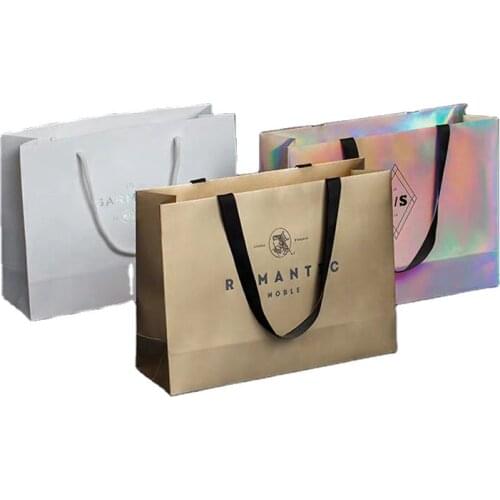 Custom print kraft paper bags with satin handle recycled clothing /shoes packaging colorful bag shopping bag
