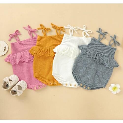 Pudcoco Baby Girl Sleeveless Jumpsuit with Buttons Toddler Solid Color Knitted Tops with Ruffle Casual Clothing for Summer 0-18M