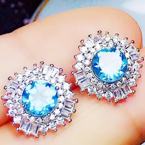 Natural real blue topaz luxury stud earring Per jewelry 2.5ct*2pcs gemstone 925 sterling silver Fine jewelry X218391