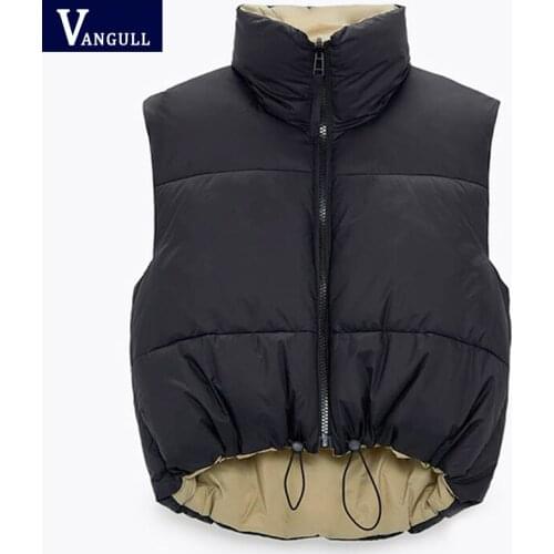 Vangull Fashion Women Double-Sided Vest 2021 Autumn Winter Vintage Black Warm Sleeveless Cotton Female Short Outwear Zipper Vest